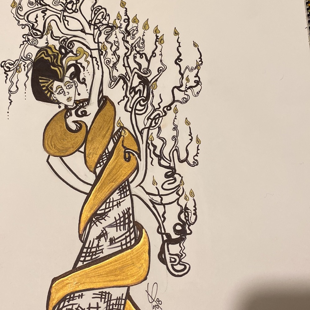 Unframed Original Art Tree Lady Drawing Illustration w Gold Metallic Highlights